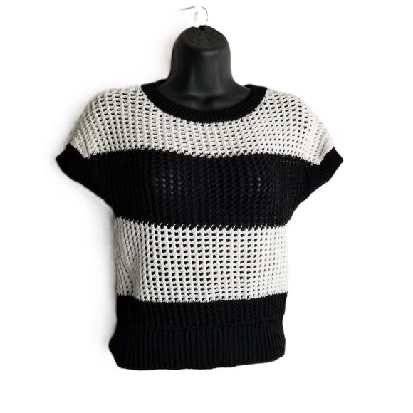 LOFT Petite XSP Black White Striped Open Knit Cotton Sweater Coastal Nautical - Picture 1 of 7